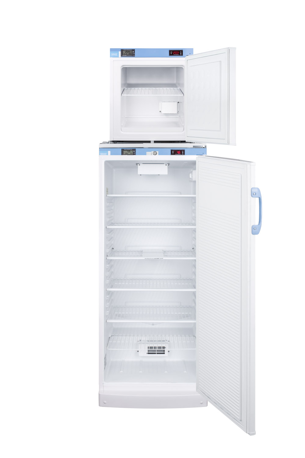 Stacked combination of FFAR10MED2 auto defrost all-refrigerator and FS24LMED2 compact manual defrost all-freezer, both with locks, digital controls, and NIST calibrated alarm/thermometers